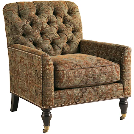 Sandhurst Button Tufted Chair in Patina Old World Tapestry & Accented with Casters & Nailhead Trim